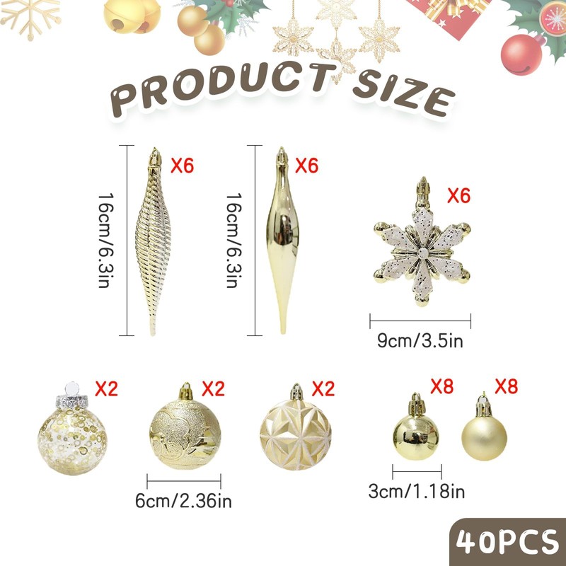 ZANZER 40 Pcs Christmas Baubles Ball Gold Glitter Christmas Ball