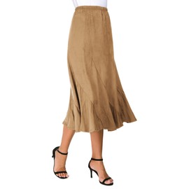 EXCHIC Women's Elegant Ankle Length Ruffle Hem Elastic Waist Midi Skirt (Khaki, Large)