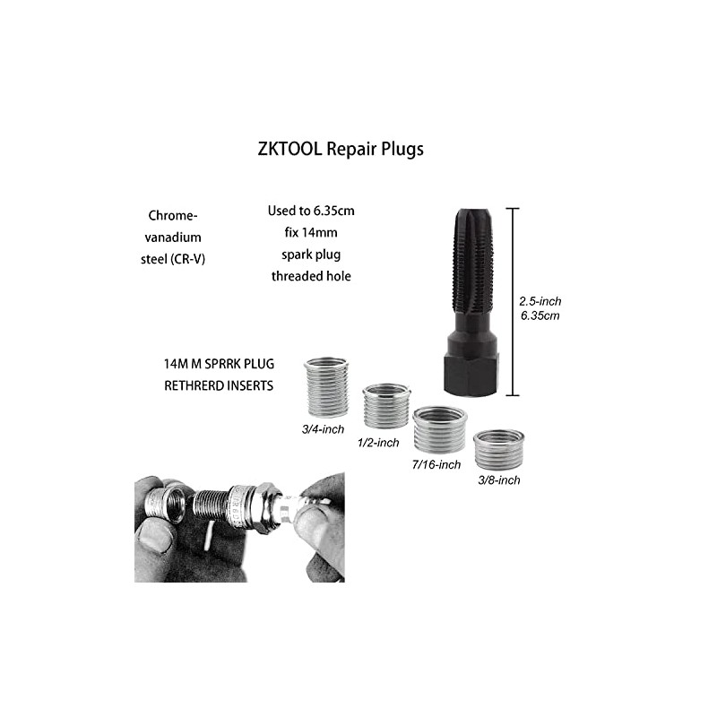 ZKTOOL 5pcs M14 x 1.25 Spark Plug Thread Repair Kit,
