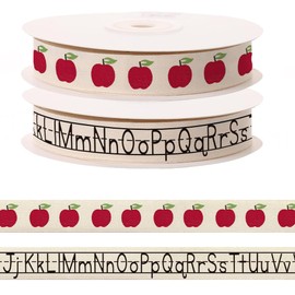 2 Pcs × 5 Yards Alphabet Letters Apples Ribbon for Crafting Sewing, 3/5 Inch Herringbone Natural Cotton Ribbons for Gift Wrapping, Back to School Ribbons for Hair Bow Accessories