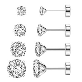 XUU Implant Grade Titanium Flat Back Stud Earrings Set for Women, Hypoallergenic 20G Screw Back Earrings for Sensitive Ears, 3-6mm CZ Crystal, Gold Silver Black (Silver Clear CZ)