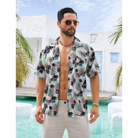 BOJIN Men's Hawaiian Shirts Casual Beach Aloha Tropical Short Sleeve Shirts BJ195 Green Pink Palm 1XL