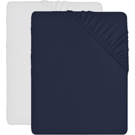 Fitted Sheet, Fitted Sheet, Luxurious Comfort of a Set of Two Microfibre Fitted Sheets, Ultra Soft, Extra-Deep Pockets for a Secure Fit, (White and Blue, 90 x 200 x 30 cm) single