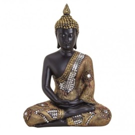 G.W. Large Buddha Figurine Meditating Sitting, 27 cm in Black Gold, with Fine Structure Pattern, Decorative Item for Home & Home, Buddha Sculpture, Home Accessory, Beautiful Thai Statue, Indoor and