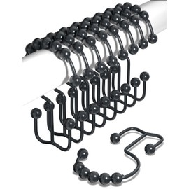 Shower Curtain Hooks Rust Proof (Set of 12) - Stainless Steel Shower Curtain Rings - Anti Slip Roller Balls for Easy Glide (Double Anchor Hooks, Matte Black)