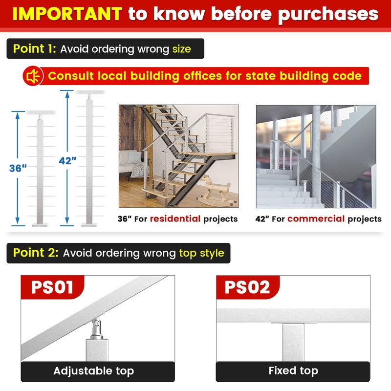 Muzata Stair Cable Railing Post 42 Inch for 25-35 Degrees
