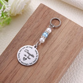 Daughter in Law Gift, Wedding Day Something Blue Pearl Bouquet Garter Charm for Daughter-in-Law from Step Mother, Bonus Daughters Bouquet Charm Bridal Shower Gifts, Bride to Be Gift