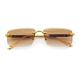 SA106 Luxury Beveled Lens Rich Art Retro Rimless Gangster Narrow Rectangle Sunglasses Gold - Brown