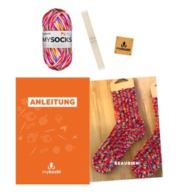 myboshi Knitting Set Socks Beaubien, incl. mysocks Pixel Sock Wool, Needles, Instructions Label in Leather Look, 75% Virgin Wool, 25% Polyamide, Red (Nova) with Needle Set
