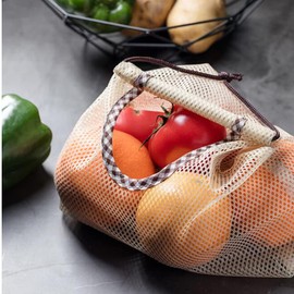 TuuTyss Set of 3 Hanging Reusable Storage Mesh Bag Vegetable Bag for Fruit,Garlics,Potatoes,Onions or Garbage Bag Organizer(3pcs-Beige)