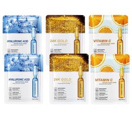 6Pcs 24K Gold Hyaluronic Acid Vitamin C Face Sheet Mask Set - Hydrating Korean Facial Gift with Serum