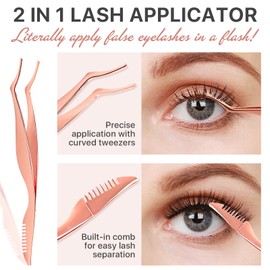 Pretty memory Upgraded Lash Applicator Tool with Comb, 2-IN-1 Stainless Steel Eyelash Tweezers, Lash Extension Curlers, Curved Tweezer Clip for Easy Application and Removal
