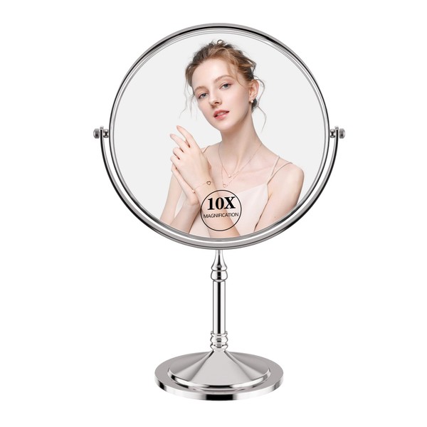 FOUTLQ Espejo de maquillaje de doble cara para computadora con soporte, espejo de maquillaje personal de 8 pulgadas redondo con giro de 360 grados, cromo pulido