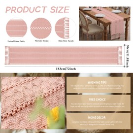 TELAIN Pink Table Runner, 72 Inch Long, Boho Macramé Table Runner for Summer, Pink Room Decor, Country Style Runner with Fringe for Dining Room and Bedroom, Rustic, Bridal Party (12x72 Inch)