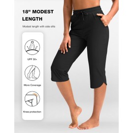 Pudolla Women's Swim Capris 18" Quick Dry UPF50+ Swimsuit Pants Long Board Shorts for Women with Pockets (Black Large)