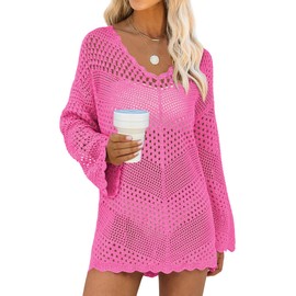 ANRABESS Women Swimsuit Crochet Swim Cover Up Summer Bathing Suit Swimwear V Neck Mesh Knit Beach Dress 2025 Vacation Outfits Small Hot Pink
