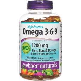 Webber Naturals 180 Count Omega 3 6 9 Fish Oil Supplement Softgels for Brain Heart Health