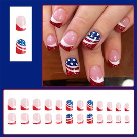 4th of July French Press on Nails Short Square Fake Nails with Glitter Designs Glue on Nails Red Blue White Stripe Star Pattern False Nails Artificial Acrylic Glossy Stick on Nails for Women 24 Pcs