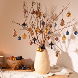 DecorbyHannah Fall Ornaments Decorations for Home,45ct Thanksgiving Autumn Pinecone Tree Ornaments,Mini Shatterproof Blue Gold Hanging Squirrels Ornaments for Tree for Farmhouse Harvest Woodland Decor
