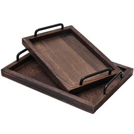 Kazozobi Wood Serving Trays with Metal Handles, Set of 2 Nesting Wooden Ottoman Tray for Living Room, Farmhouse Food Serving Trays for Breakfast, Dinner, Drinks, Vintage Brown