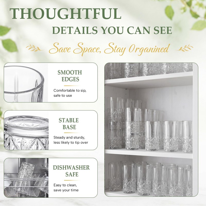 Patelai 24 Pack Tall Highball Glasses Set, 14.5 oz Pint