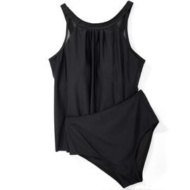 SUUKSESS Women Slimming Tummy Control Tankini Bathing Suits Ruffle High Waisted High Neck 2 Piece Swimsuits(Black,S)