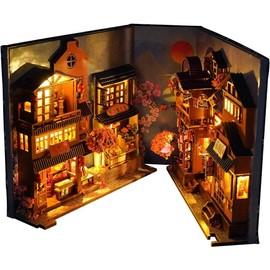 DIY Book Nook Kit, 3D Wooden Puzzle Bookend, Book Nook Miniature Kit, Decorative Booknook Bookshelf Insert Decor with LED Light, Dollhouse Model Building Set Craft Hobbies Home Decor (Sakura Alley)