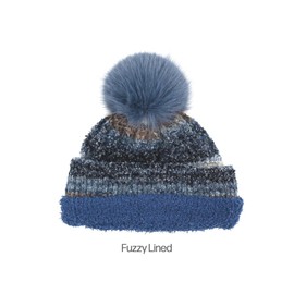 C.C Multi Color Space Dye Pom Beanie/Lining/Pom Faux Fur for Women Unisex - Wool Stretchable Soft Warm with Faux Fur Pom Knit Winter Skully Hat (Denim Combo)