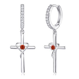AmorAime 925 Sterling Silver Earrings for Women 14k Gold Plated Earrings Birthstone Heart Earrings Dangle Cross Earrings Mom Gifts for Christmas, Valentine's Day or Birthday, Metal, Cubic Zirconia