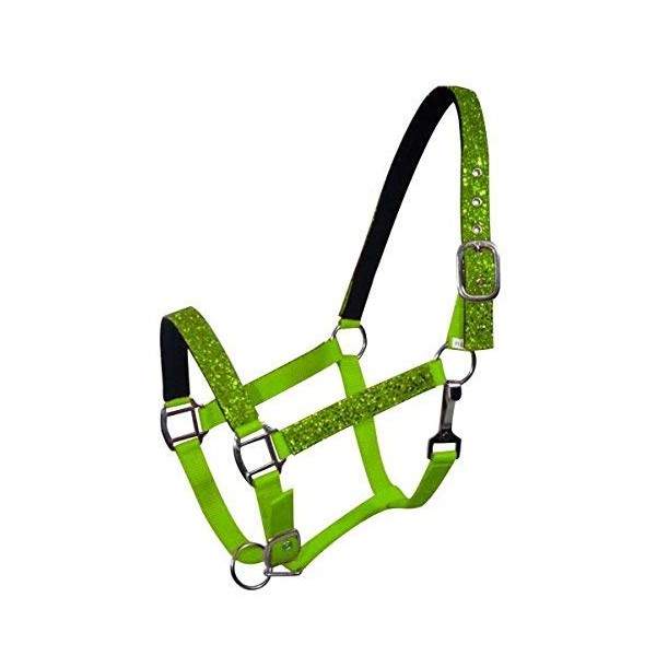 Showman Cob Sized Nylon Sparkle Glitter Halter. Neoprene Lined Nose and Crown. Eyelets on Crown and Adjustable Nose and Throat Latch. Color Choice (Lime Green)