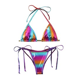 Women's Liquid Metallic Rainbow Bikini Sets Shiny String Padded Triangle 2 Pieces Swimsuit Set