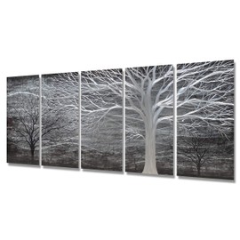 Brilliant Arts Black and Silver Tree Metal Art Hand-polished Wall Decor 3D Modern Home Accent for Bedroom Decoration 5 Panels Hanging Scuplture