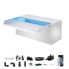 Longrun Pond Waterfall Box with Pump Kit, 304 Stainless Steel Pond Waterfall Spillway with 680 GPH 3000L/H Pump for Ponds, Pond Spillway Color-Changing LED Light Strip for Garden (11.8")