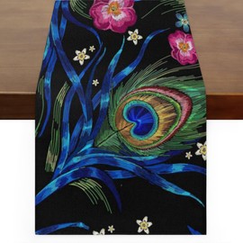 Peacock Feather Table Runner Washable Table Runners 120 Inches Long Kitchen Dining Table Decoration for Coffee Table Dining Wedding Party Holiday Decor 13 x 120 Inches