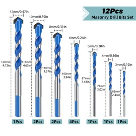atnayo 12 Pcs Masonry Drill Bits Set, Multifunctional Concrete Drill Bit for Brick Walls Cement Ceramic Marble Tile (3/4/5/6/6/6/6/8/8/10/10/12mm)