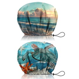 Cabreche 2 PCS Shower Cap Reusable Waterproof Double Layers Hair Caps Large Shower Bath Adjustable Elastic Hat for Women Girls Cute Aesthetic-Beach Sea Turtle