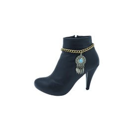 TrendyFashionJewelry TFJ Women Western Boot Chain Metal Bracelet Anklet High Heel Turquoise Blue Bead Feather Charm Gold