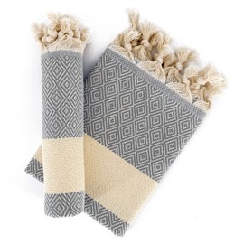 Dandelion - Diamond Pattern - Set of 2 100% Naturally-Dyed Cotton Turkish Hand Towels Peshkir - 35x19 Inches - Gray