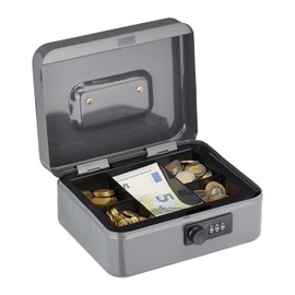 Relaxdays Cash Box, 3-Digit Number Combination, Coin Insert, Iron Money Box, Cash Box, H x W x D 8.5 x 20 x 17 cm, Grey