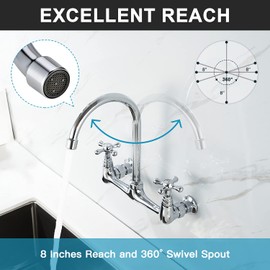 Favorpo Commercial Brass Wall Mount Faucet, 2 Handles, 8 Inches Center, 360 Swivel, Polished Chrome, for Kitchen Sink