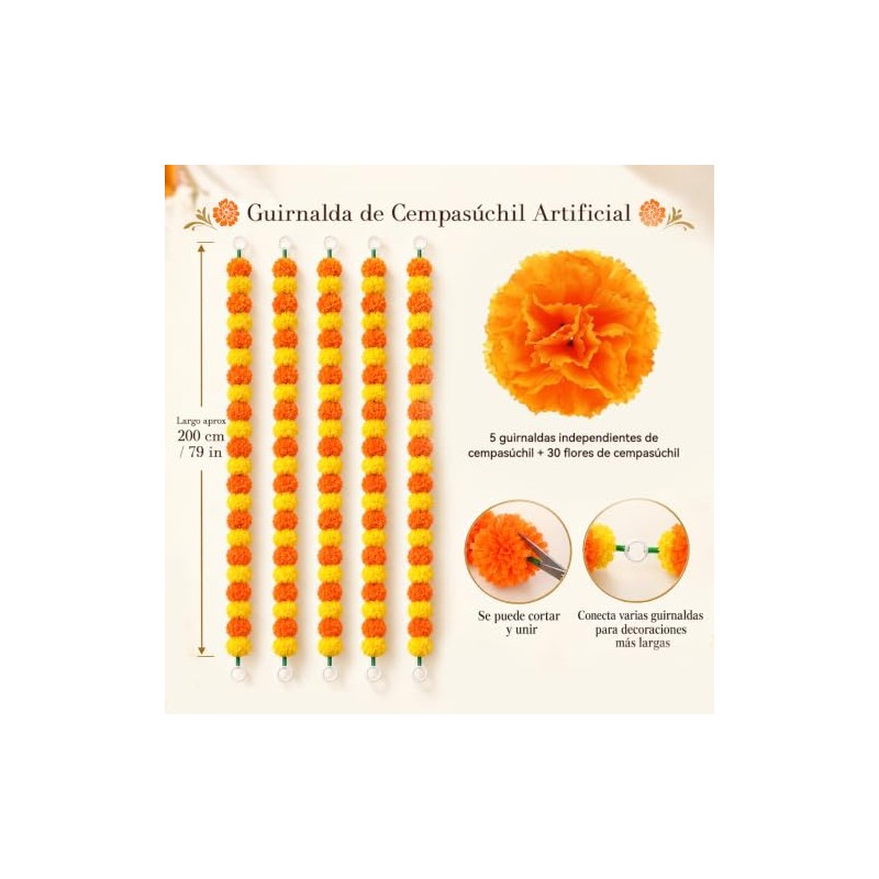 Flores de Cempasúchil Artificiales,5 Tiras de 2 M