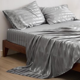Bedsure Satin Sheets - Soft Satin Bed Sheets Queen Set, 4 Pcs Luxury Silky Sheets, Similar to Silk Sheets, Grey Satin Sheets Queen Size for Hair and Skin, Gifts for Women(Grey Striped, Queen)