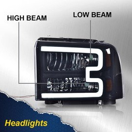CHEDA LED DRL Headlights Assembly, Compatible with 2005 2006 2007 Ford F250 F350 F450 F550 Super Duty bumper Headlamp(Smoky lens Black Housing Amber Reflector) Faros Conjunto De Faros