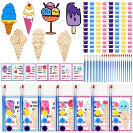 Leinuosen 28 Sets Thank You for Coming Gifts Bulk Ice Cream Wood Painting Craft Kits with Art Supplies and Thank You Cards for Birthday Party Favor Goodie Bag Prizes