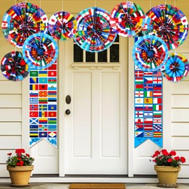 Outus 11 Pcs International World Flags Party Decorations Around the World Hanging Paper Fan International Porch Banner Multicultural Country Flags Decor for Indoor Outdoor Sports Events Party Supplies