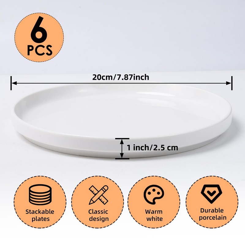 Dyrfolm 8 Inch White Dinner Plates Set of 6, Ceramic