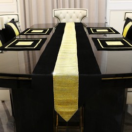 San Tungus Gold Rhinestone Table Runne Embroidered Table Runner with Hand-Tassels for Party, Dresser Decor and Dining Room Decorations(Black, 13"×72")