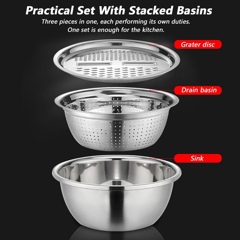 Multifunctional Stainless Steel Basin, Graters for Kitchen, 3 in 1