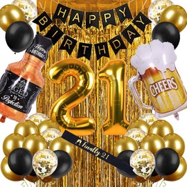 21st Birthday Decorations for Him Men, Happy 21 Bday Decor Black and Gold for Her Women Party Supplies