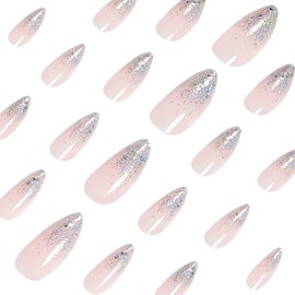 Medium Length Press on Nails Almond Fake Nails with Designs Pink Acrylic Nails Glue on French Tip Artificial Nails Full Cover False Nails Silver Glitter Stick on Nails for Women 24 Pcs